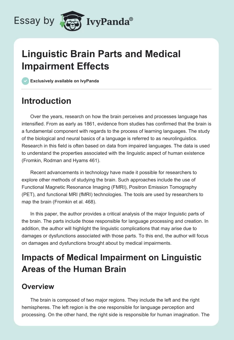 Linguistic Brain Parts and Medical Impairment Effects. Page 1