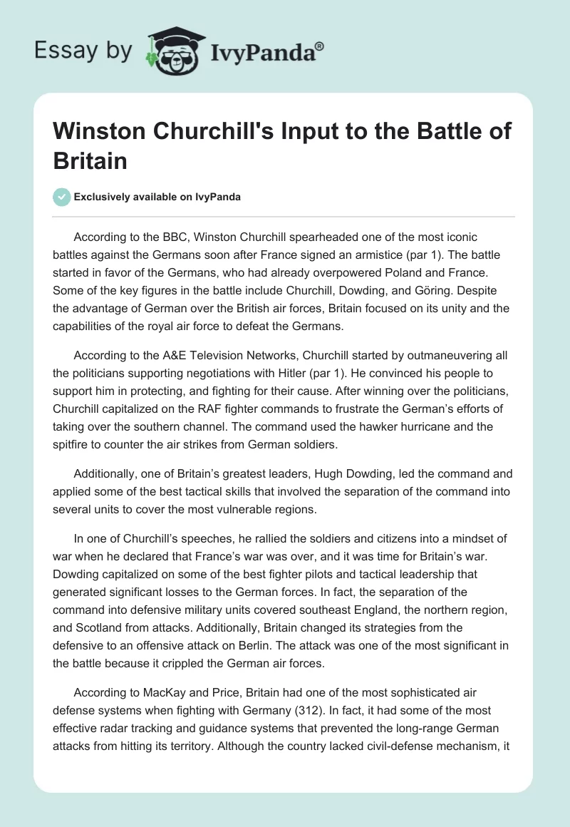 Winston Churchill's Input to the Battle of Britain. Page 1