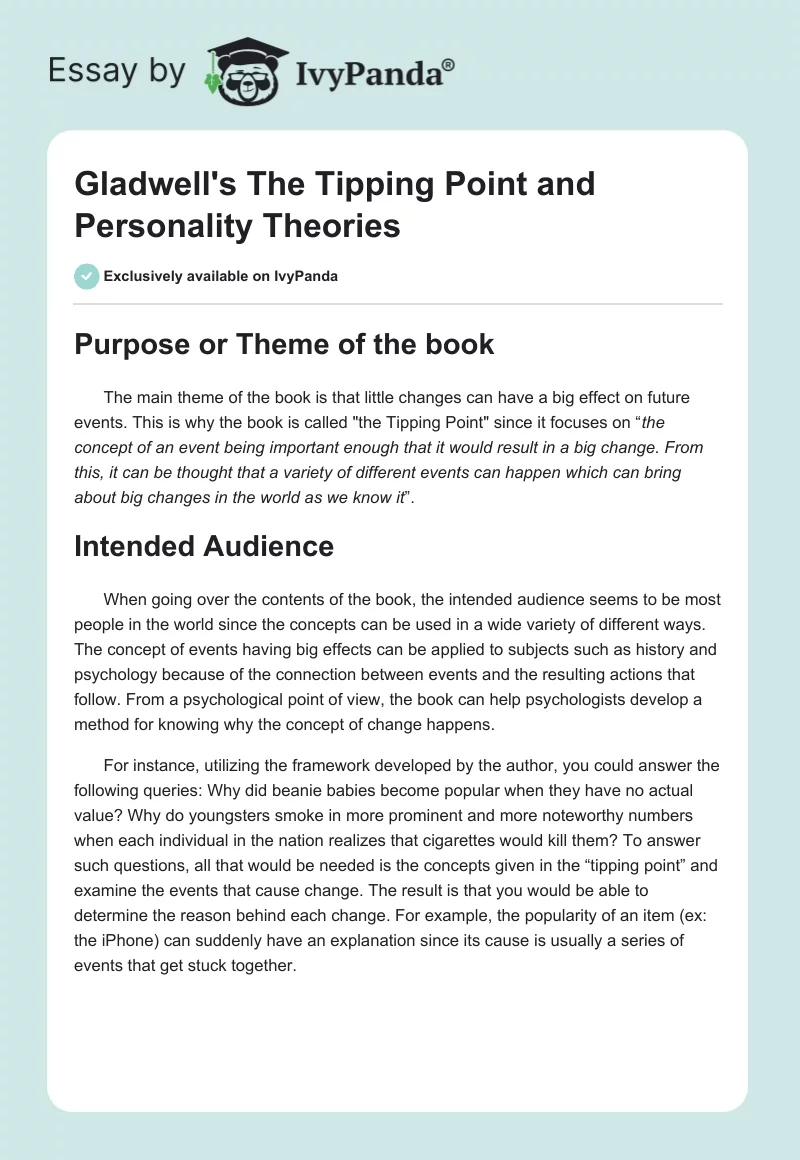 Gladwell's "The Tipping Point" and Personality Theories. Page 1