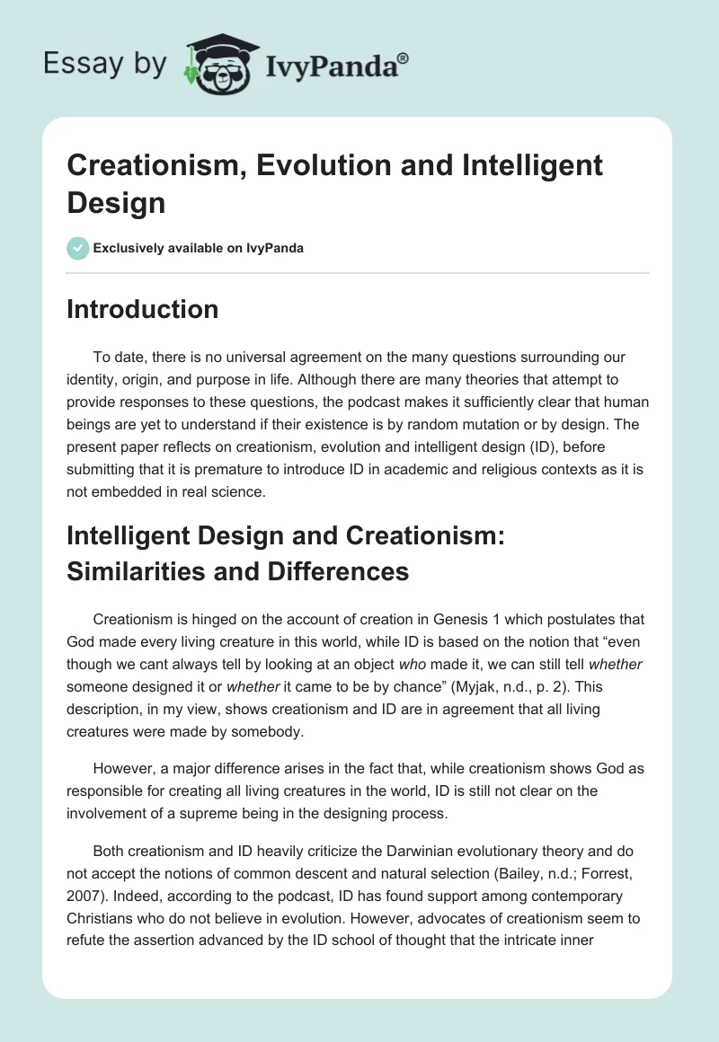 Creationism, Evolution and Intelligent Design. Page 1