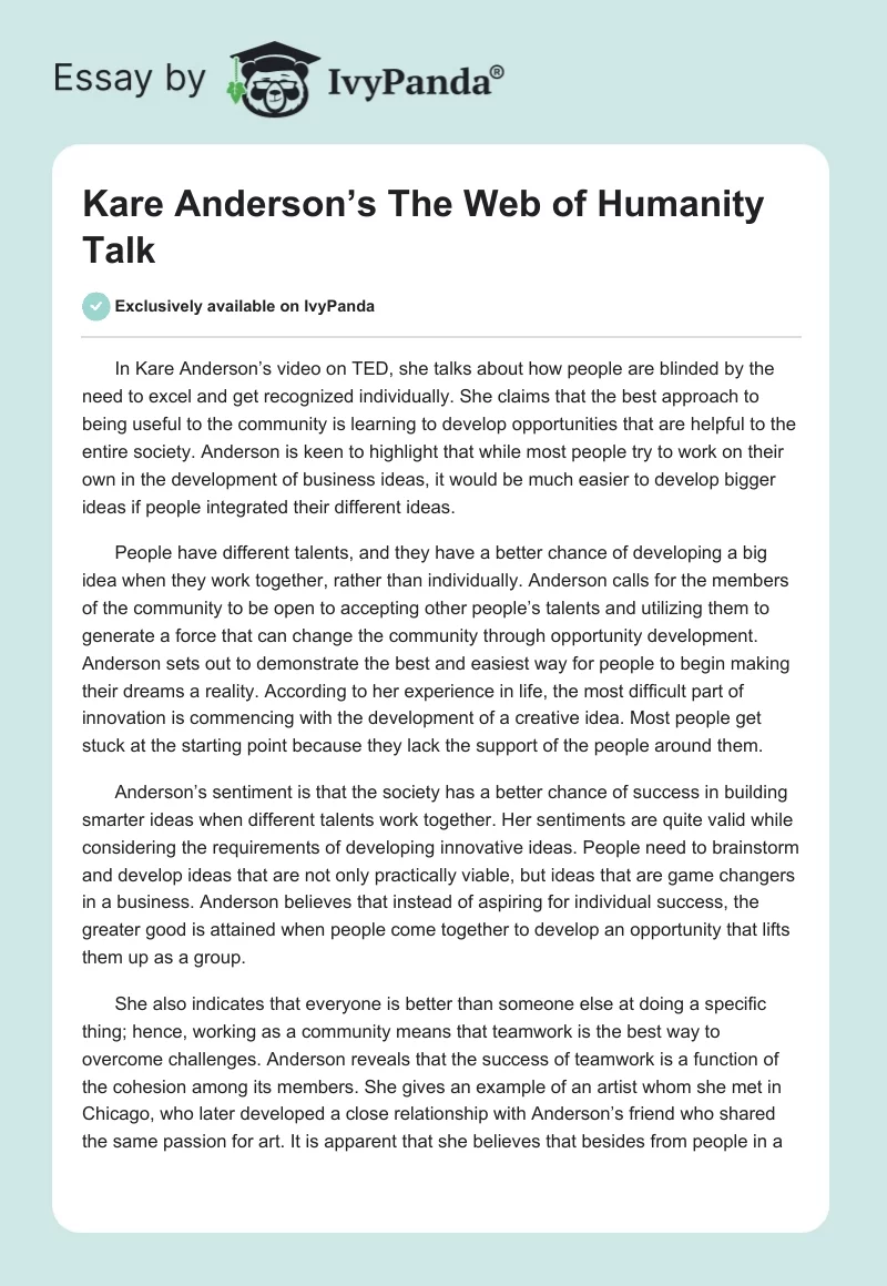 Kare Anderson’s "The Web of Humanity" Talk. Page 1