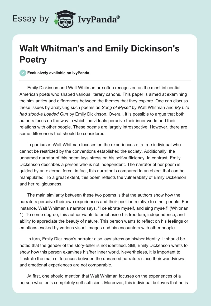 Walt Whitman's and Emily Dickinson's Poetry. Page 1