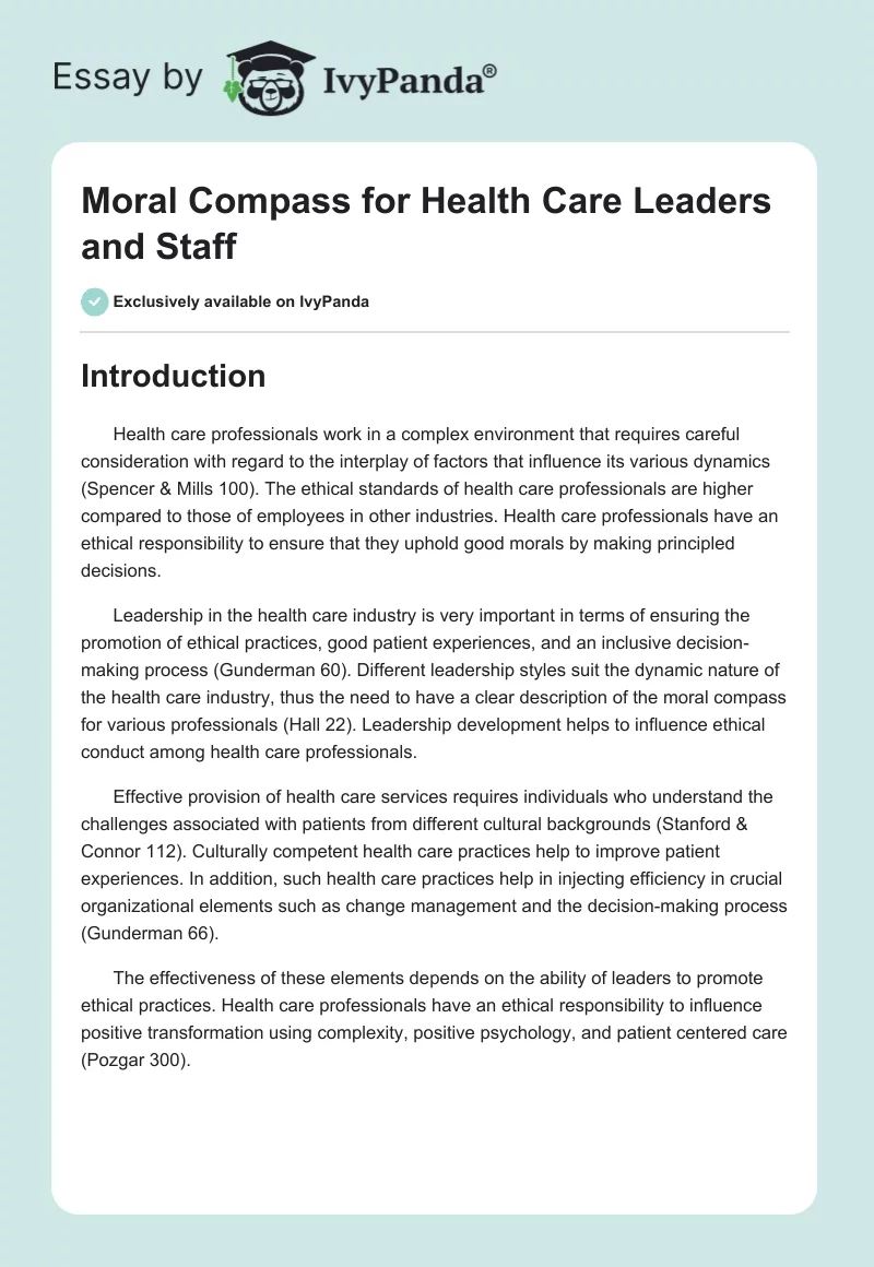 Moral Compass for Health Care Leaders and Staff. Page 1