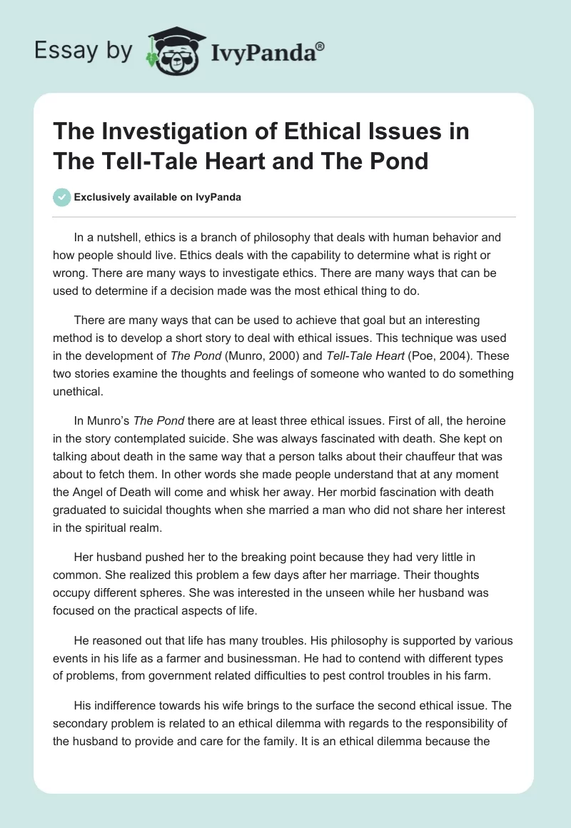 The Investigation of Ethical Issues in The Tell-Tale Heart and The Pond. Page 1