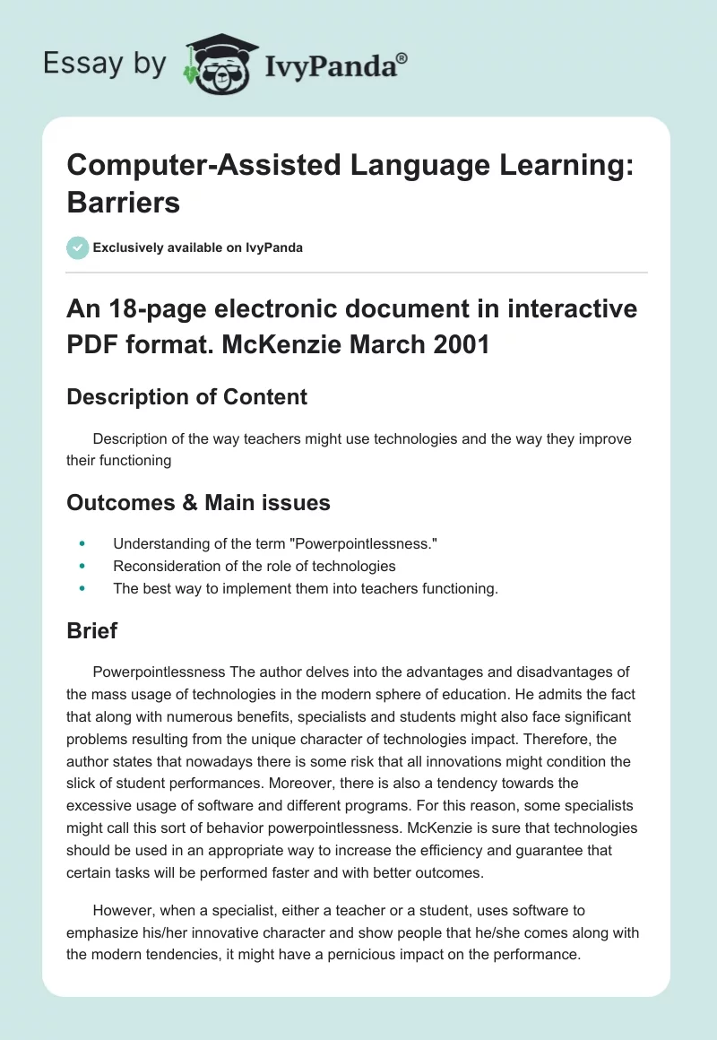 Computer-Assisted Language Learning: Barriers. Page 1