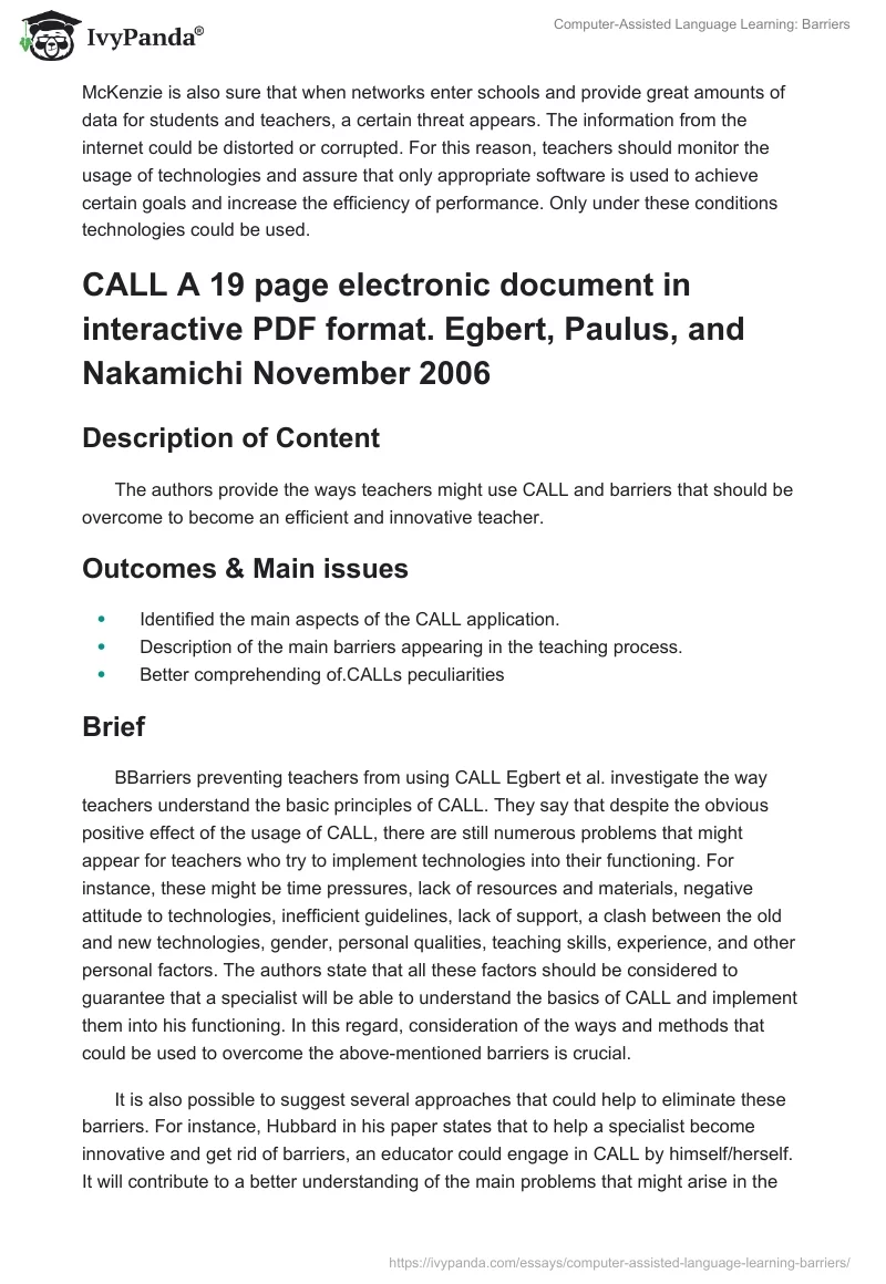 Computer-Assisted Language Learning: Barriers. Page 2