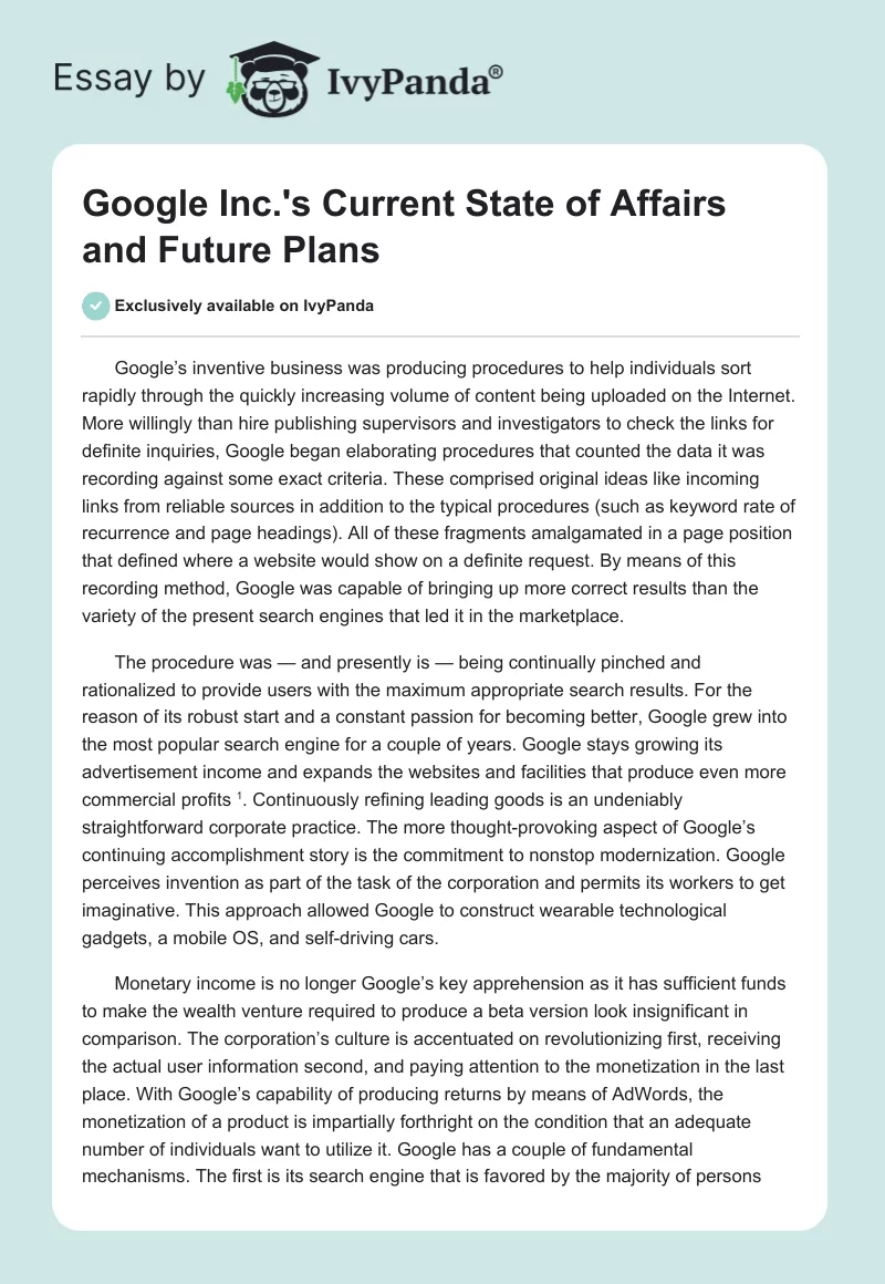 Google Inc.'s Current State of Affairs and Future Plans. Page 1