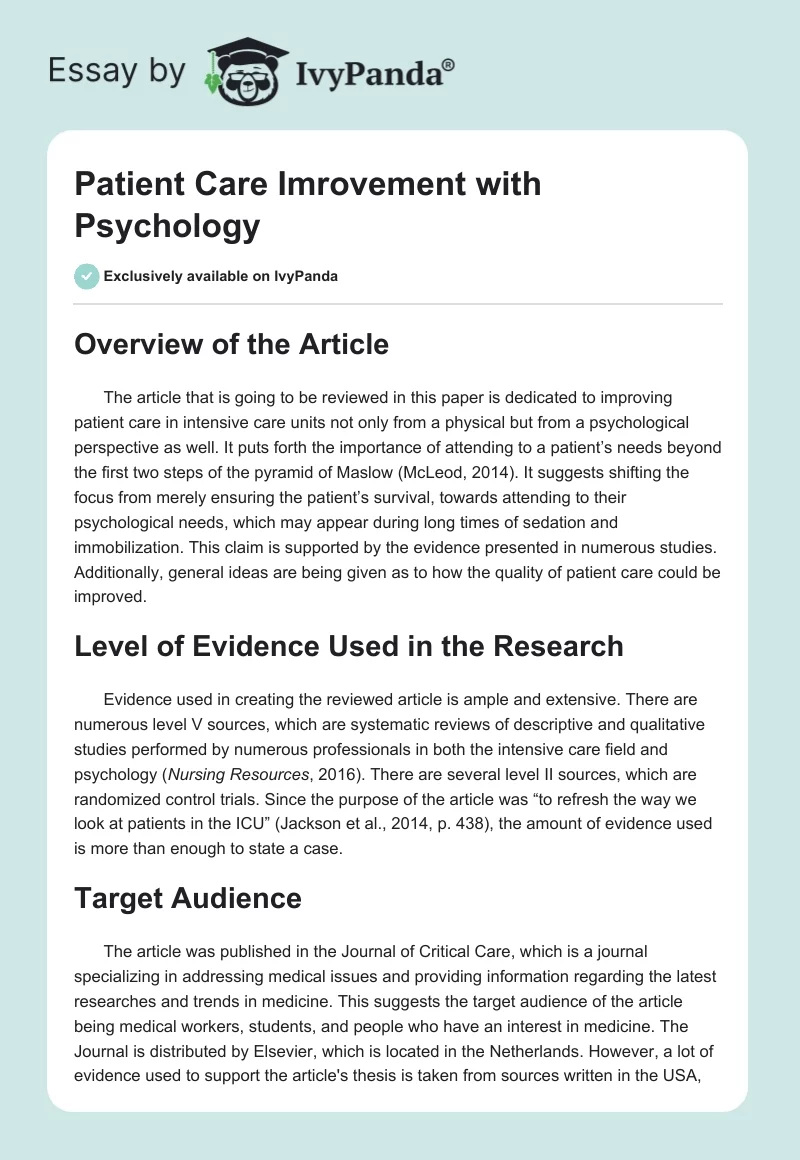 Patient Care Imrovement with Psychology. Page 1