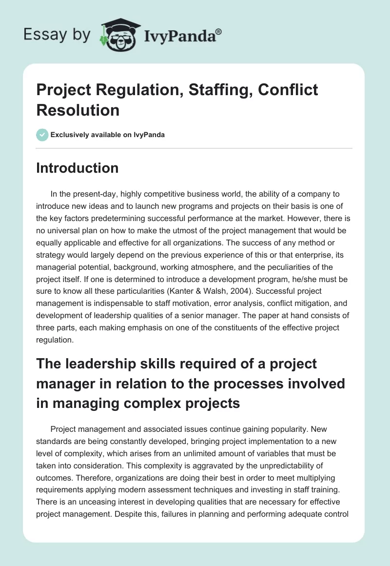Project Regulation, Staffing, Conflict Resolution. Page 1