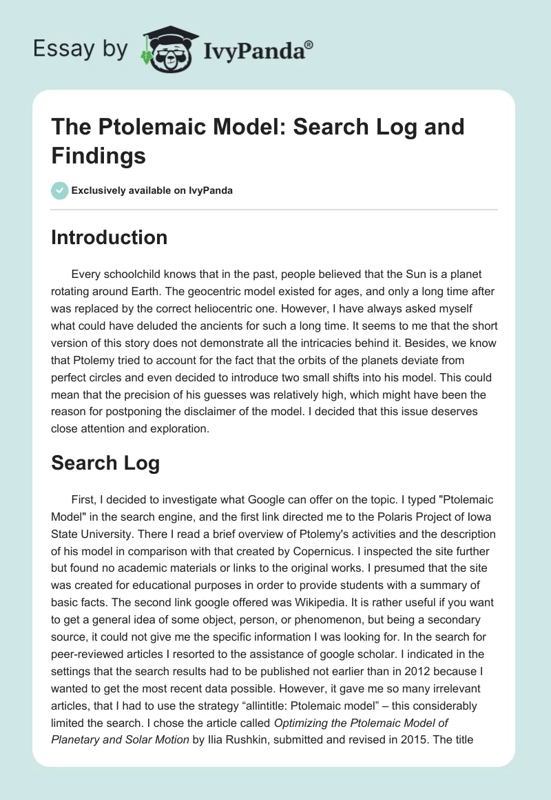 The Ptolemaic Model: Search Log and Findings. Page 1