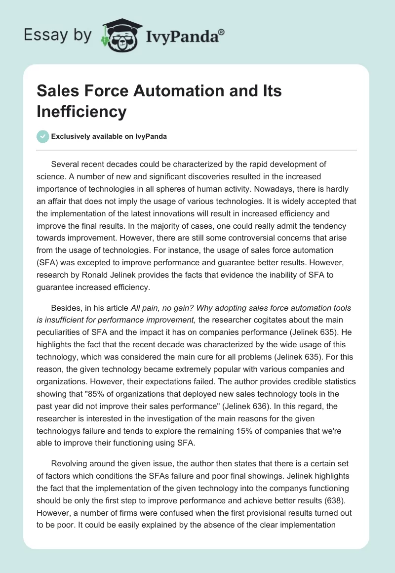 Sales Force Automation and Its Inefficiency. Page 1