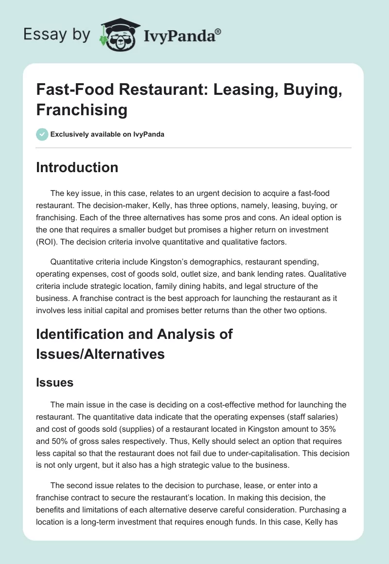 Fast-Food Restaurant: Leasing, Buying, Franchising. Page 1