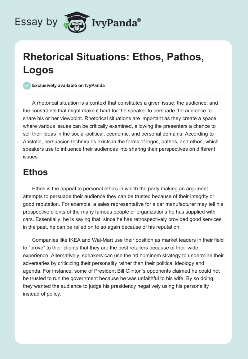 Rhetorical Situations: Ethos, Pathos, Logos. Page 1