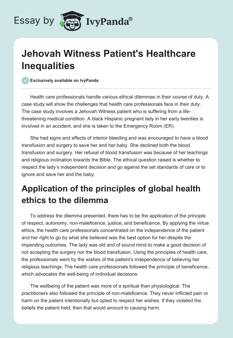 Jehovah Witness Patient's Healthcare Inequalities. Page 1