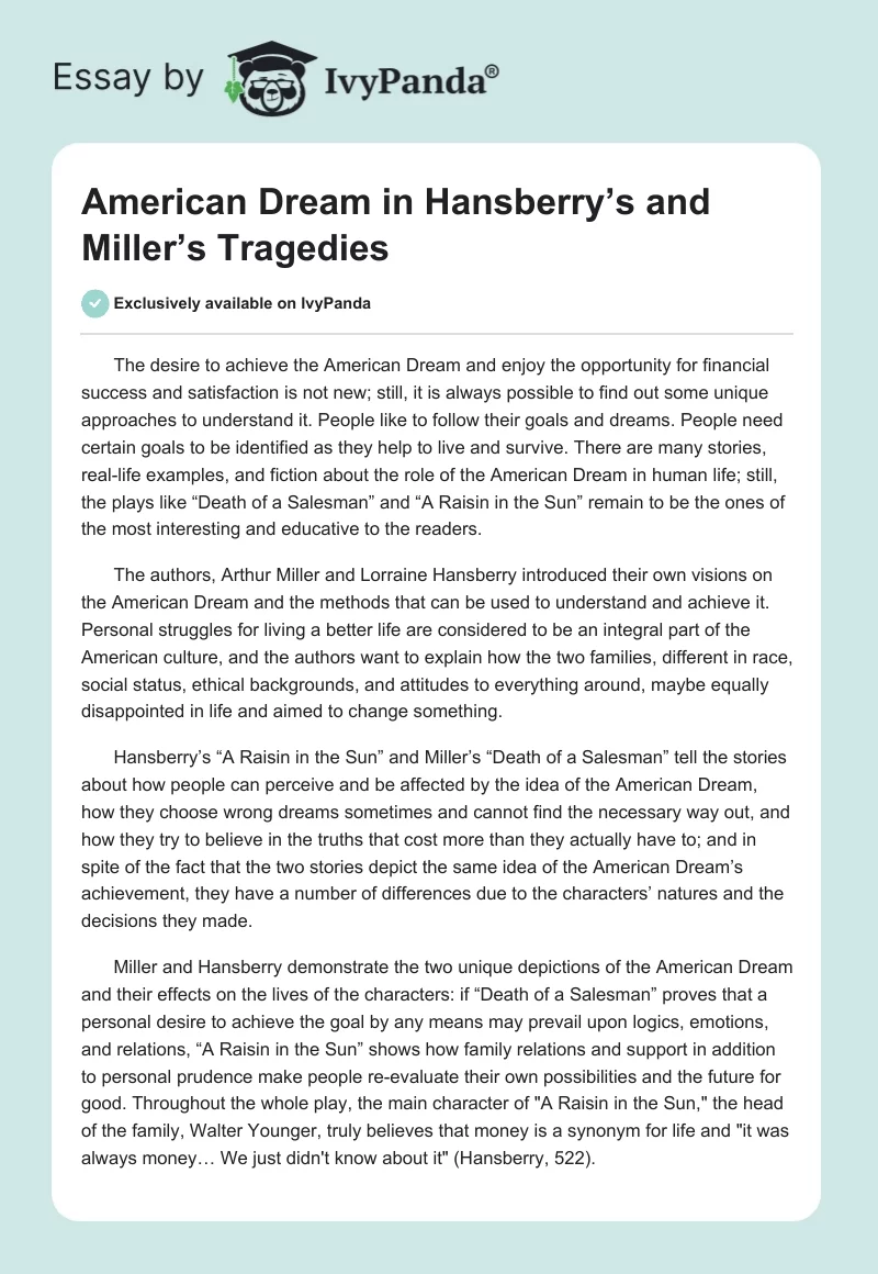 American Dream in Hansberry’s and Miller’s Tragedies. Page 1