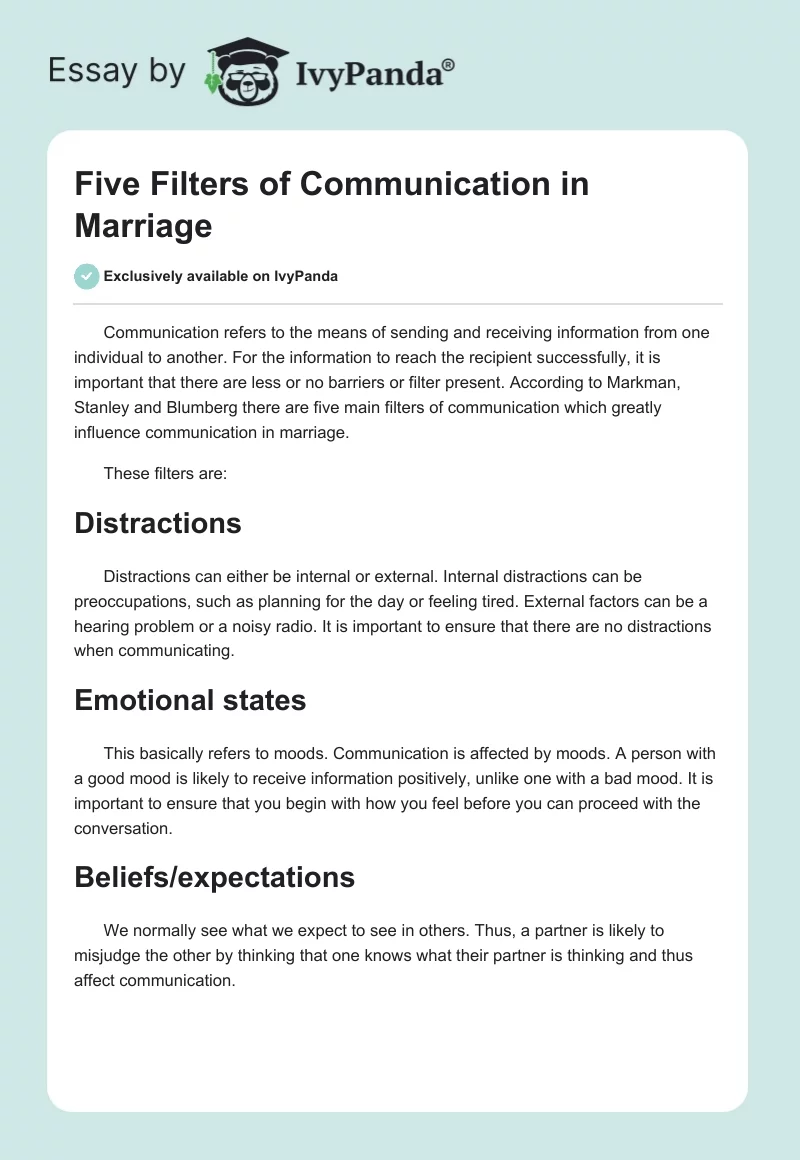Five Filters of Communication in Marriage. Page 1
