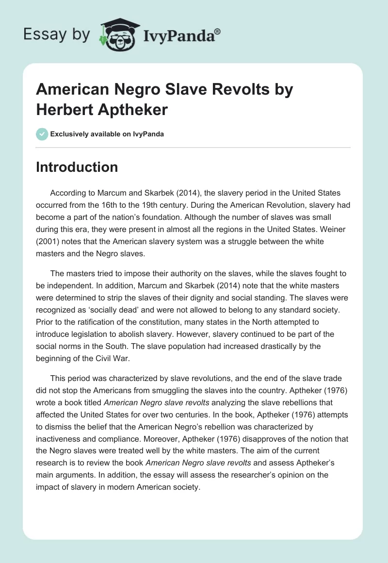 "American Negro Slave Revolts" by Herbert Aptheker. Page 1
