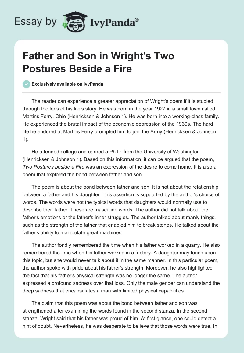 Father and Son in Wright's "Two Postures Beside a Fire". Page 1
