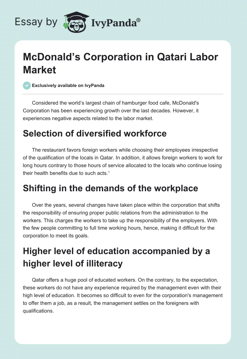 McDonald’s Corporation in Qatari Labor Market. Page 1