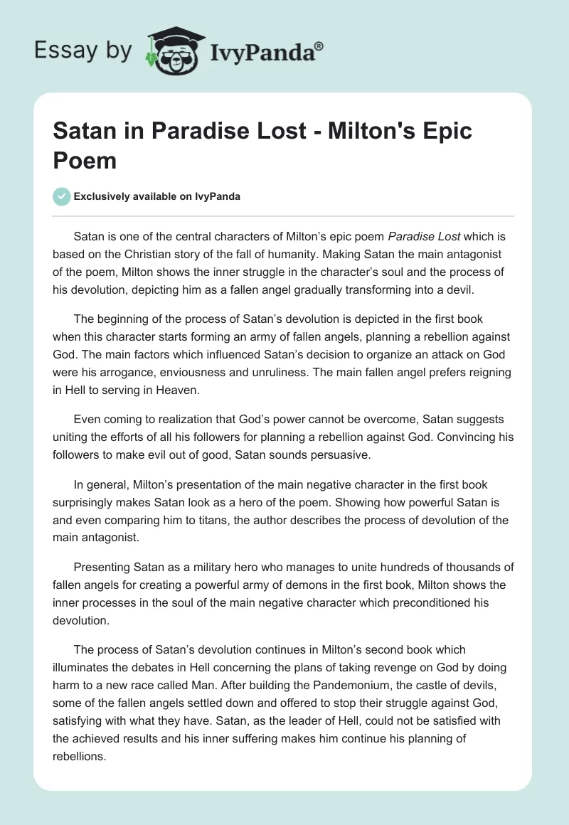 Satan in "Paradise Lost" - Milton's Epic Poem. Page 1