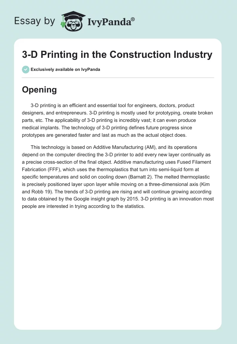 3-D Printing in the Construction Industry. Page 1