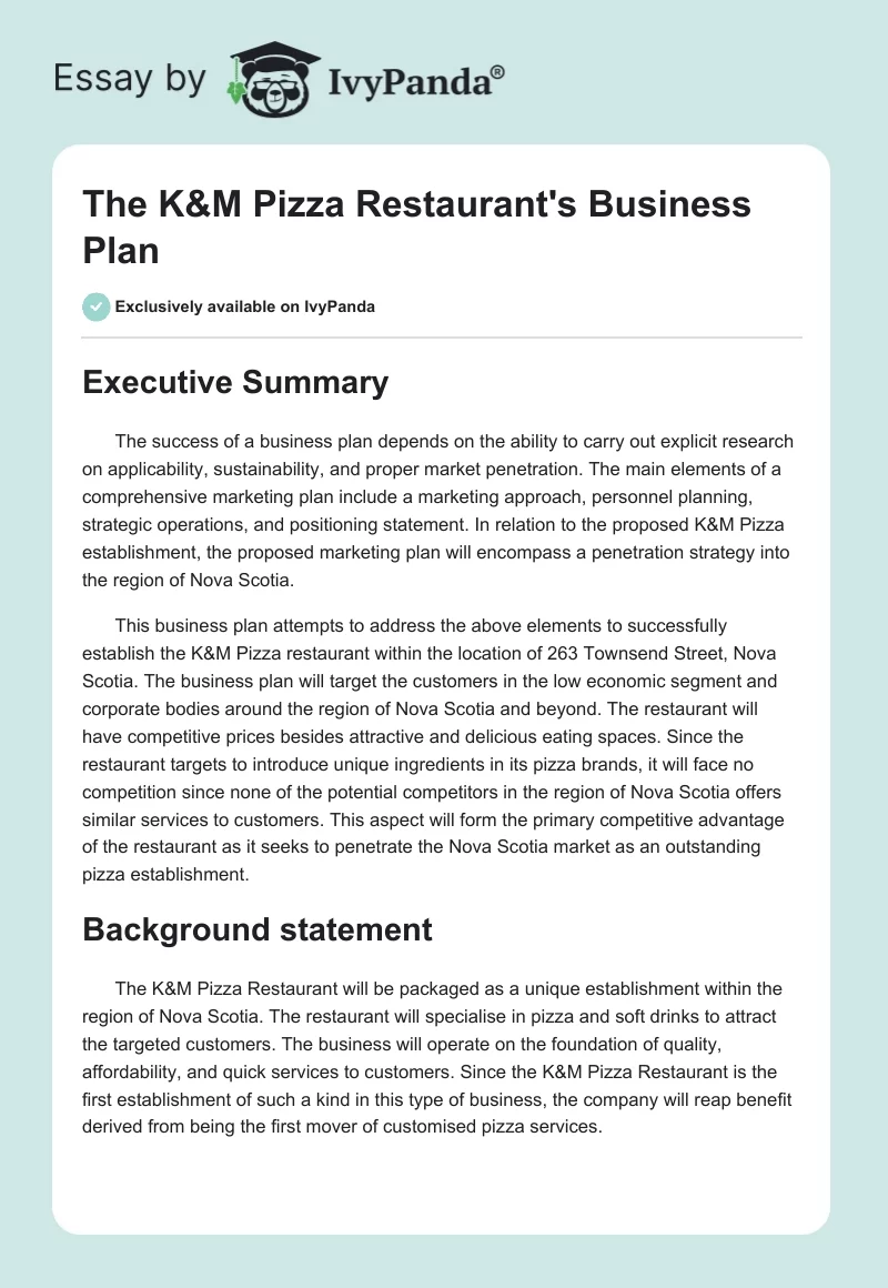 The K&M Pizza Restaurant's Business Plan. Page 1