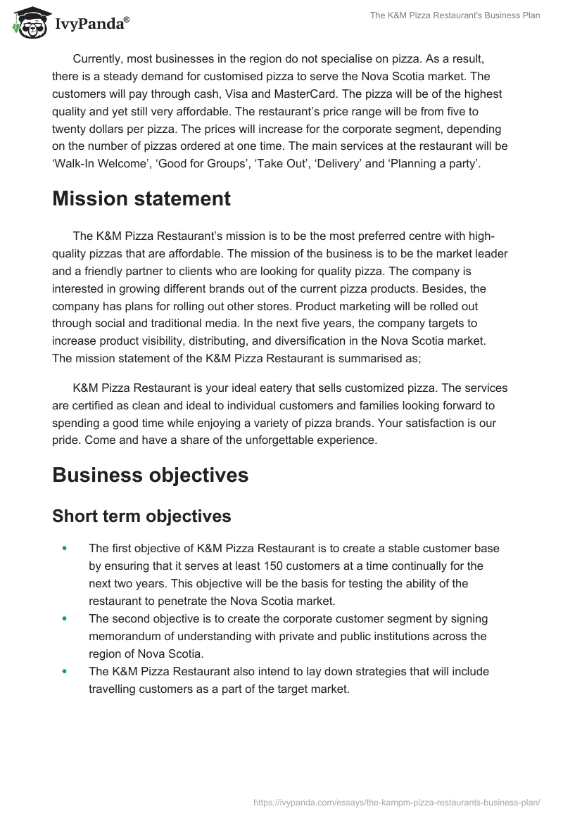 The K&M Pizza Restaurant's Business Plan. Page 2