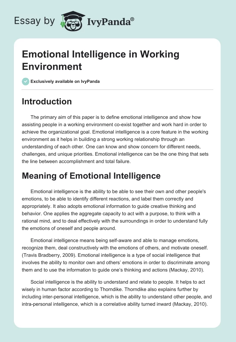 Emotional Intelligence in Working Environment. Page 1