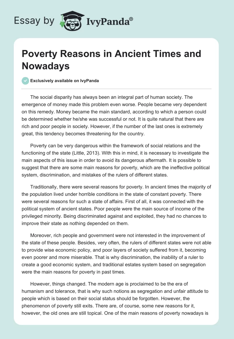 Poverty Reasons in Ancient Times and Nowadays. Page 1