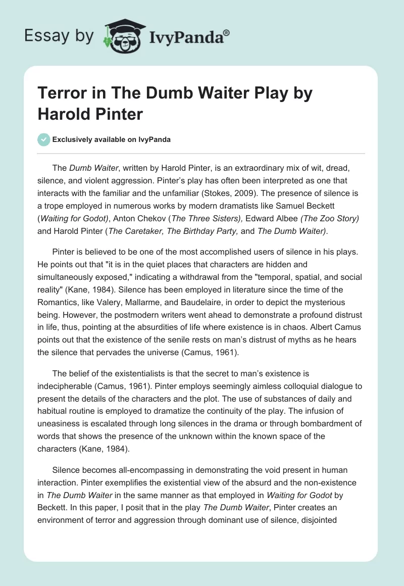 Terror in "The Dumb Waiter" Play by Harold Pinter. Page 1