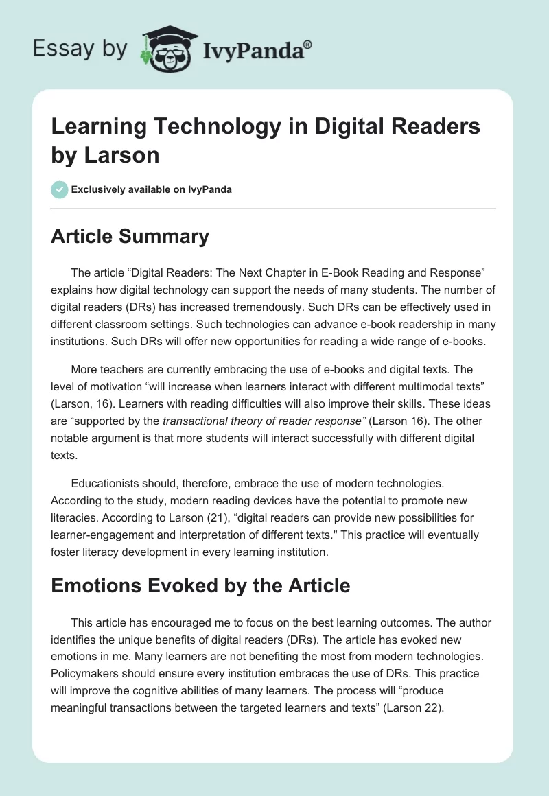 Learning Technology in "Digital Readers" by Larson. Page 1