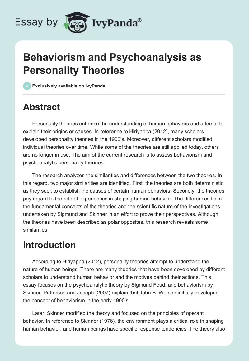 Behaviorism and Psychoanalysis as Personality Theories. Page 1