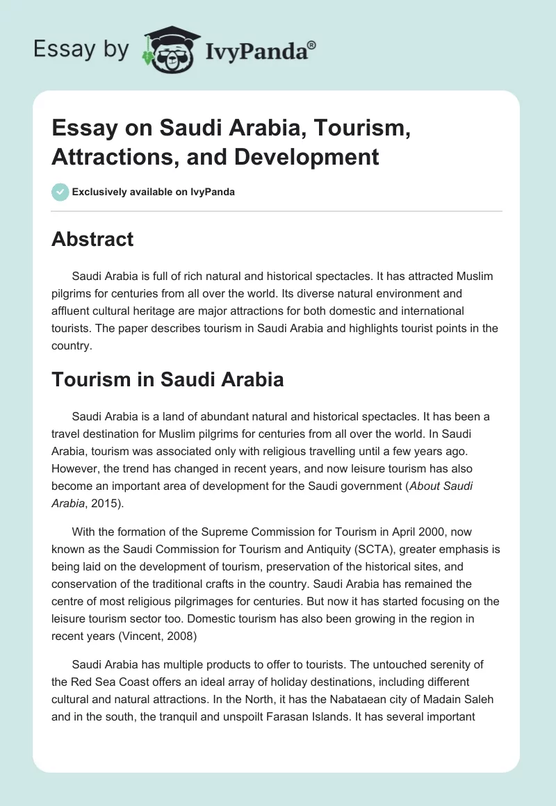 Essay on Saudi Arabia, Tourism, Attractions, and Development. Page 1