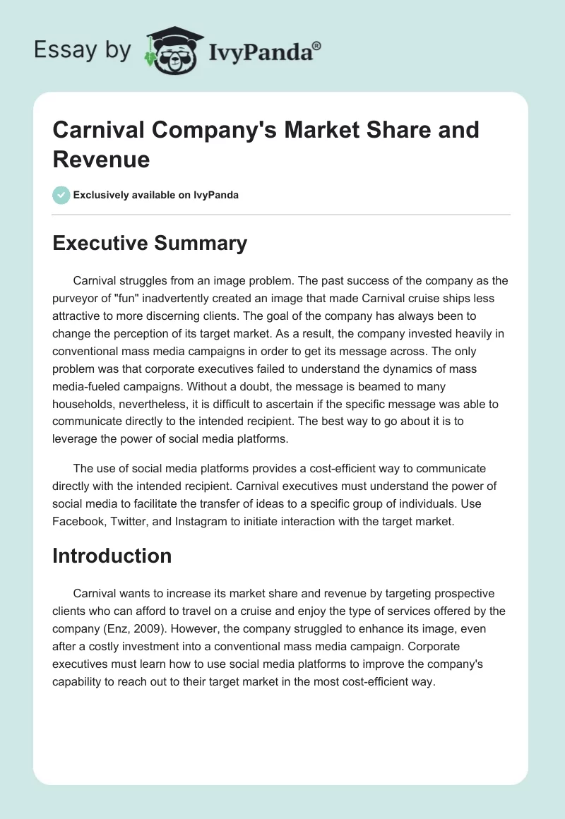 Carnival Company's Market Share and Revenue. Page 1