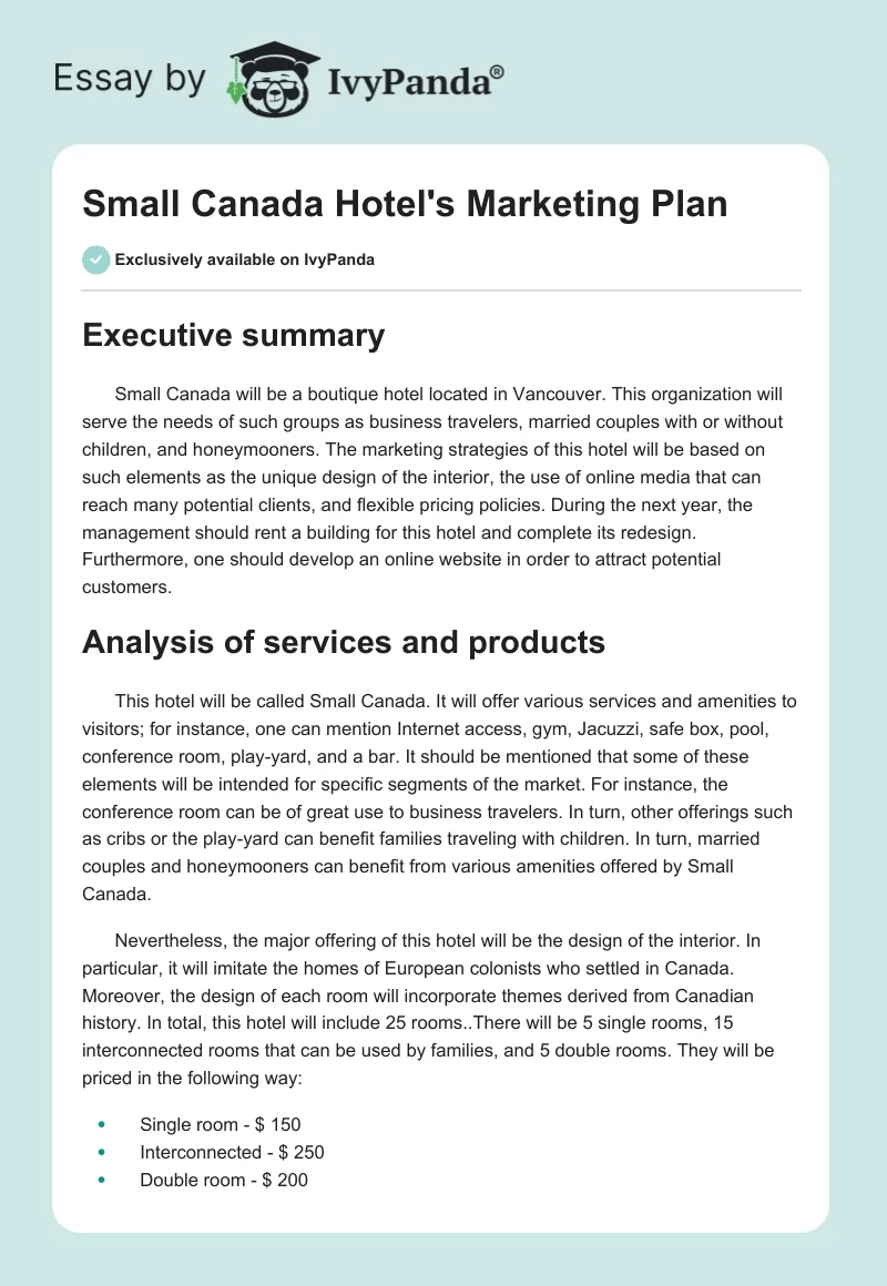 Small Canada Hotel's Marketing Plan. Page 1