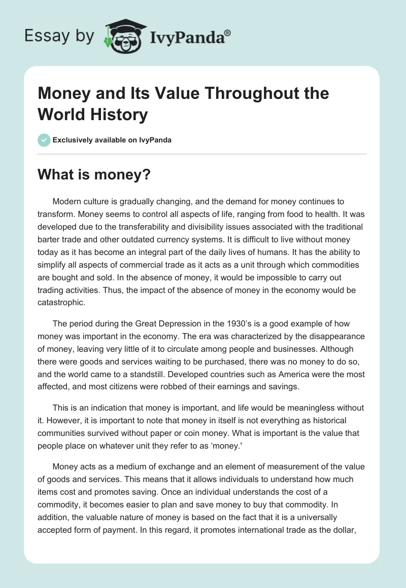 Money and Its Value Throughout the World History. Page 1
