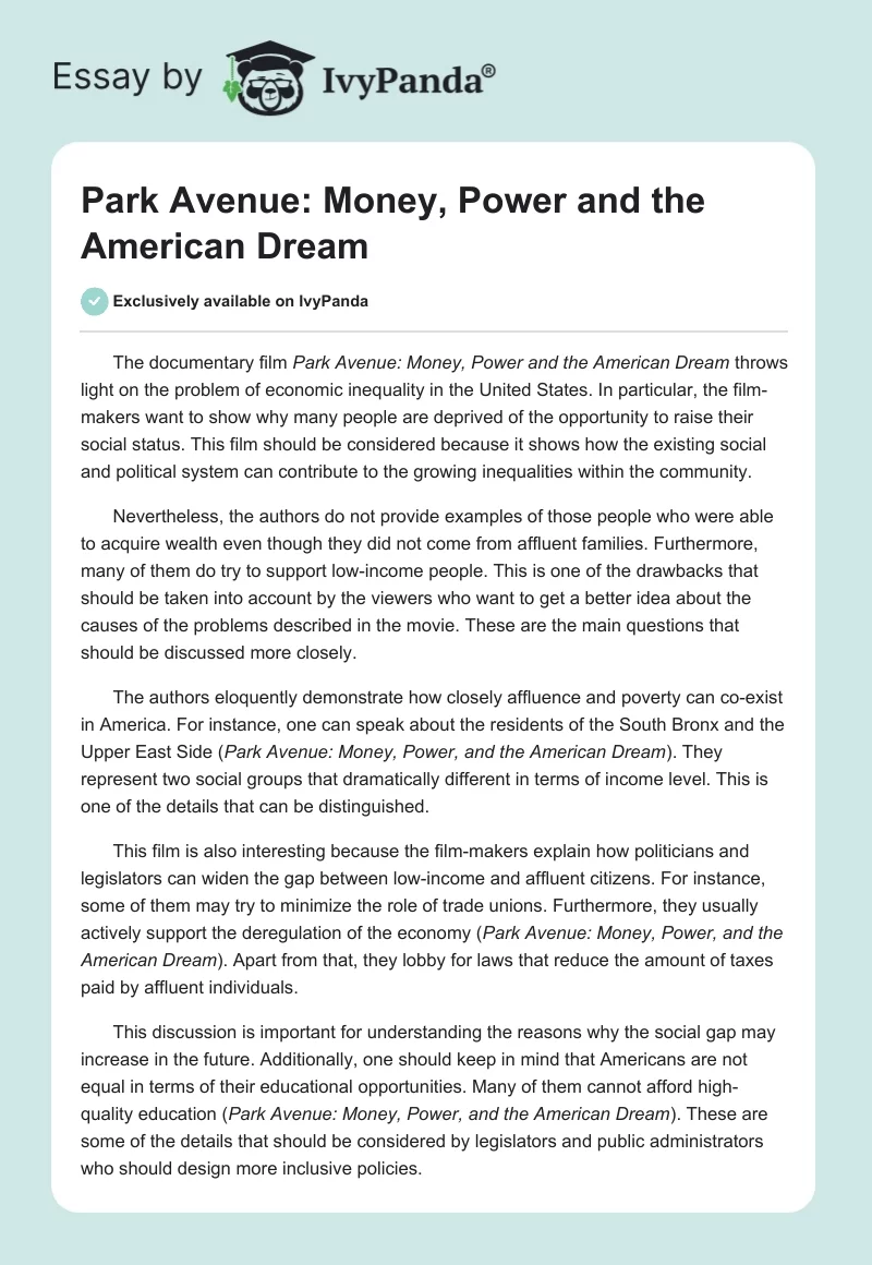 Park Avenue: Money, Power and the American Dream. Page 1
