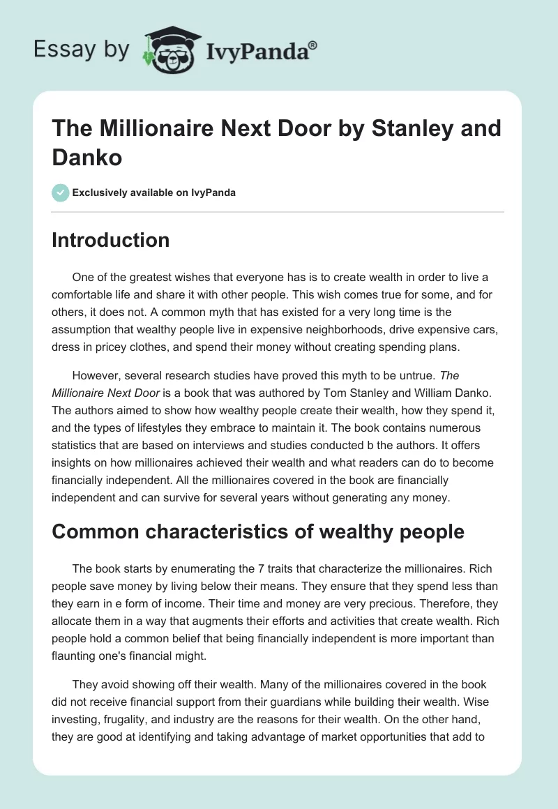 "The Millionaire Next Door" by Stanley and Danko. Page 1