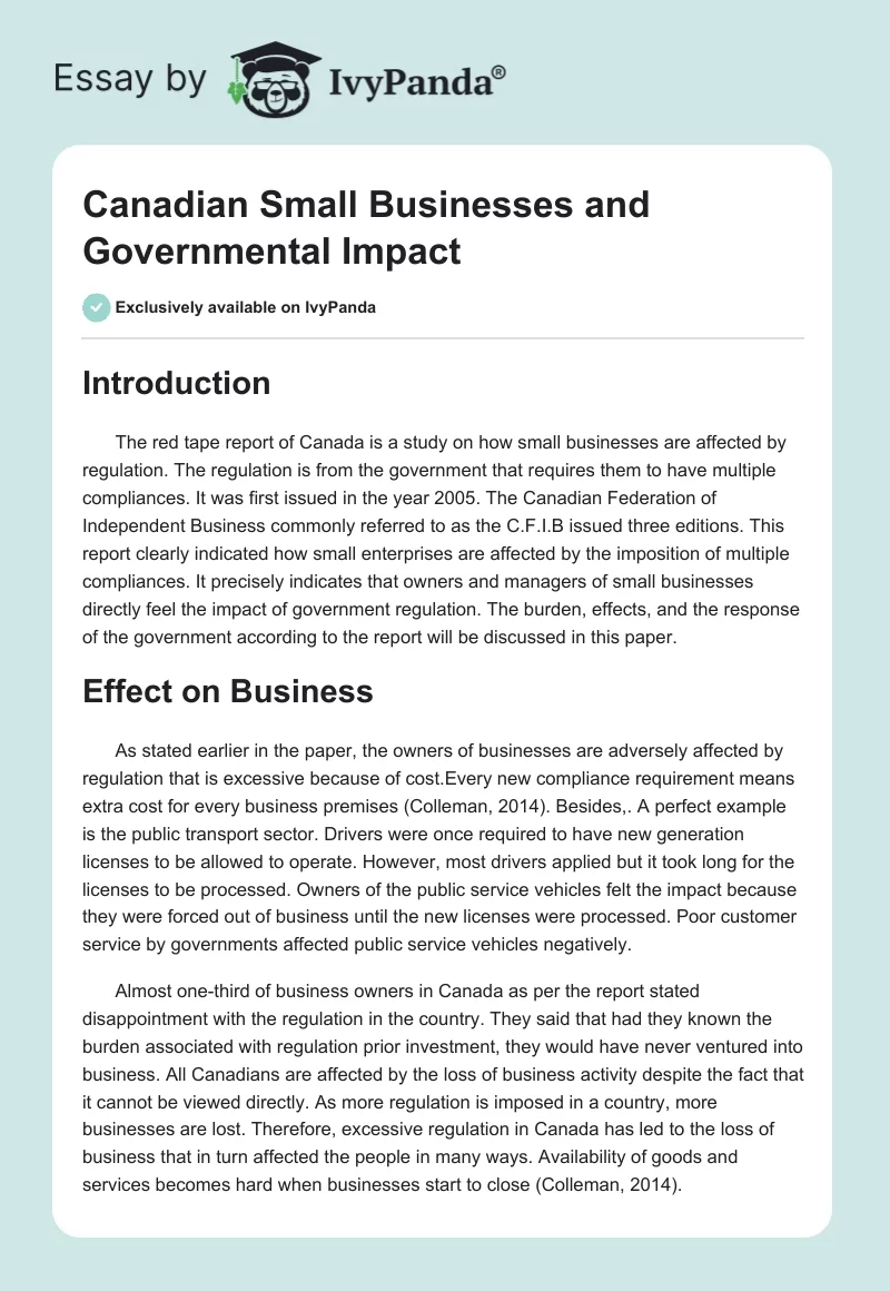 Canadian Small Businesses and Governmental Impact. Page 1