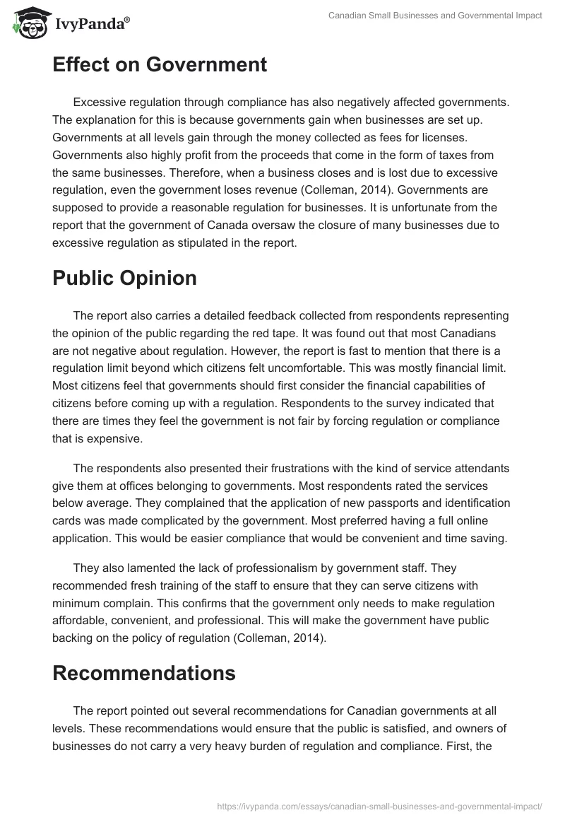 Canadian Small Businesses and Governmental Impact. Page 2