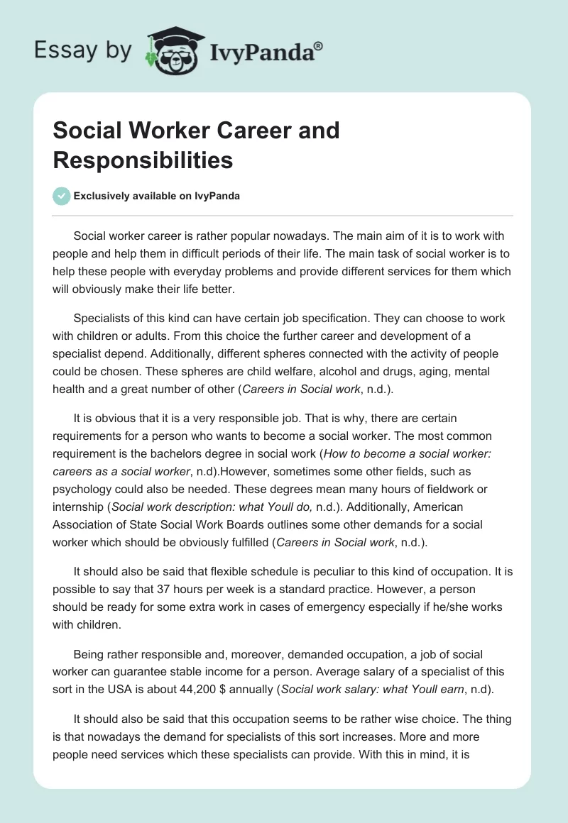 Social Worker Career and Responsibilities. Page 1