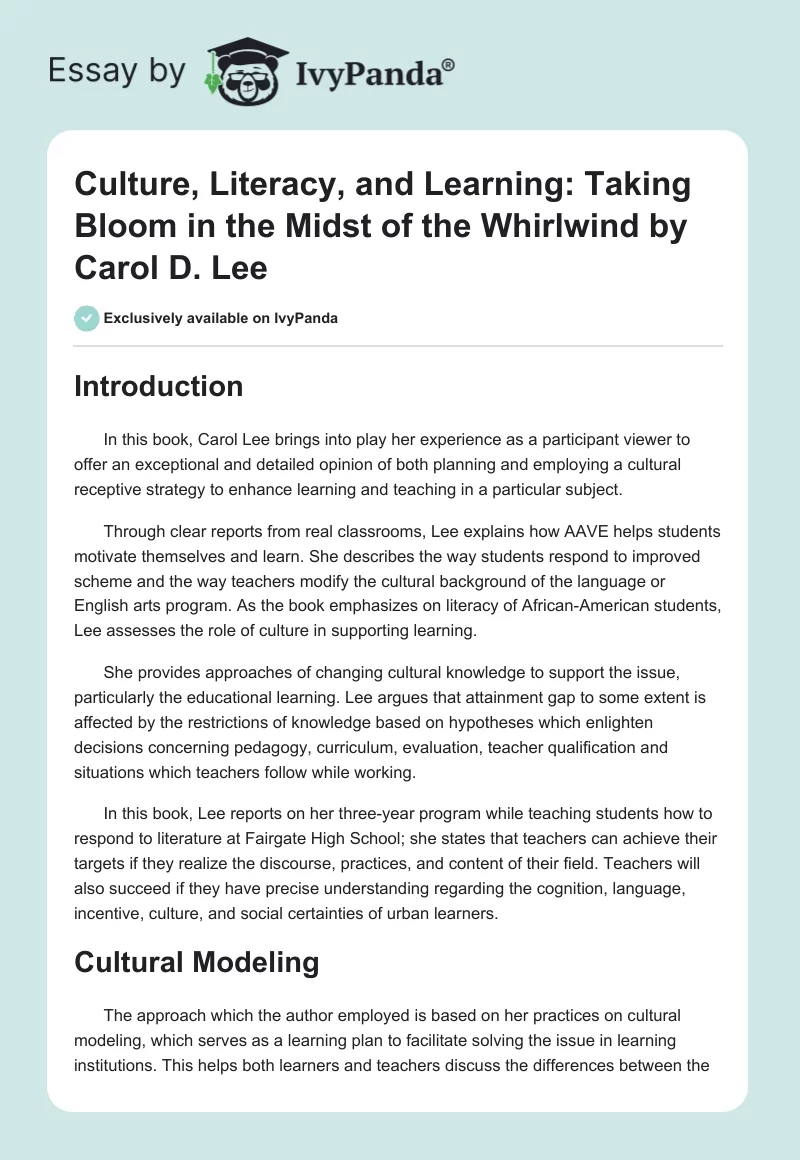 Culture, Literacy, and Learning: Taking Bloom in the Midst of the Whirlwind by Carol D. Lee. Page 1