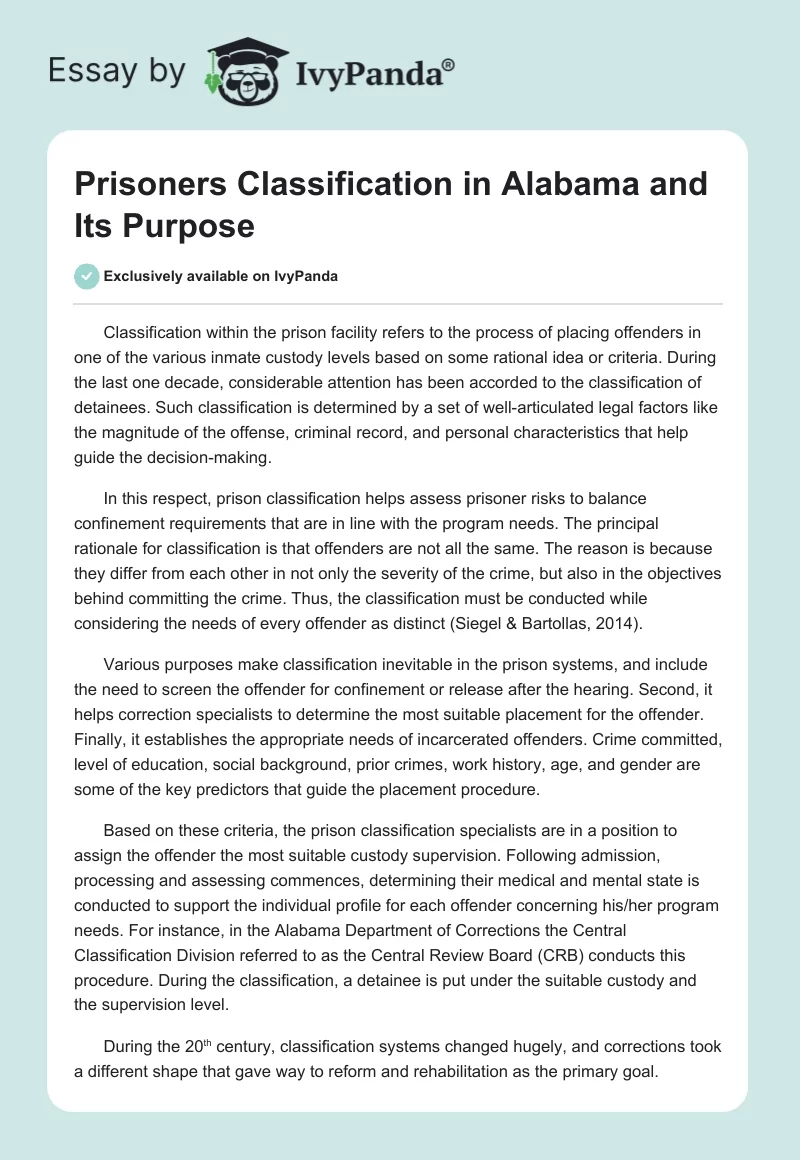 Prisoners Classification in Alabama and Its Purpose. Page 1