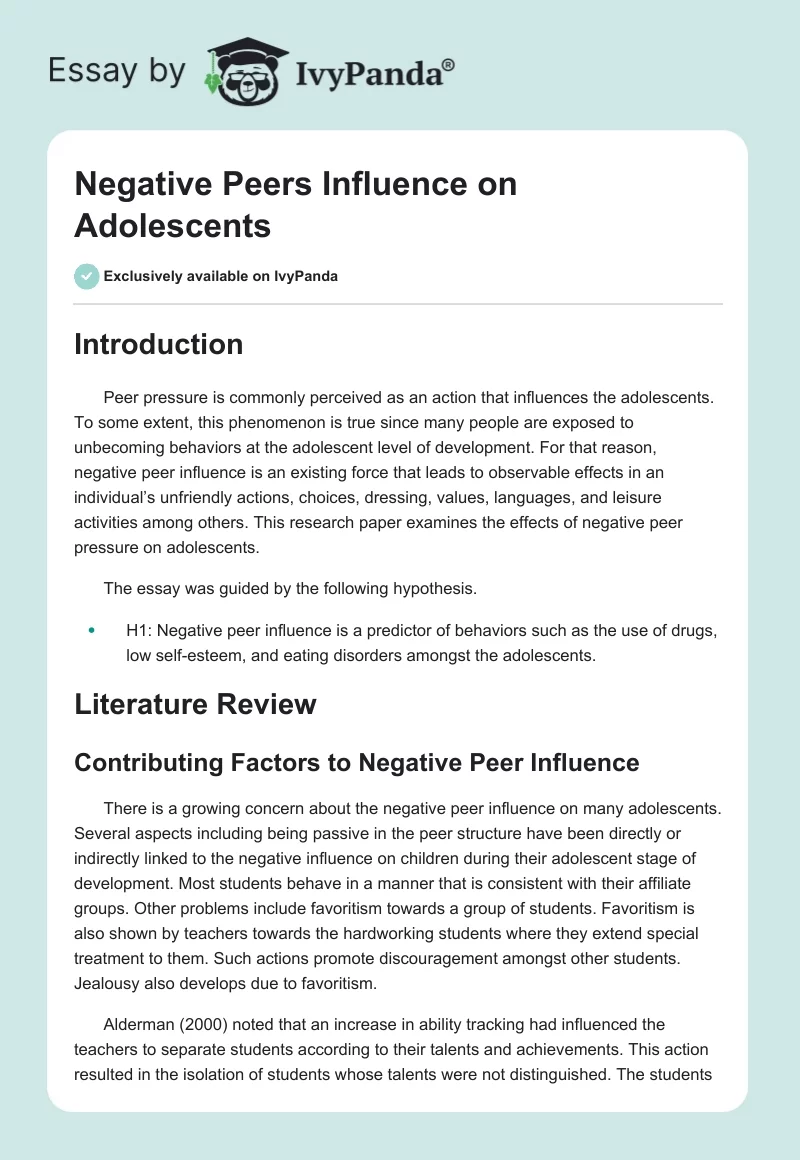Negative Peers Influence on Adolescents. Page 1
