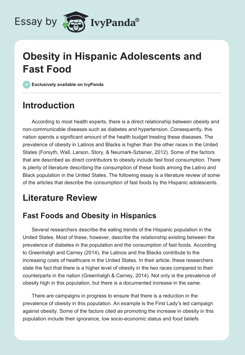 Obesity in Hispanic Adolescents and Fast Food. Page 1