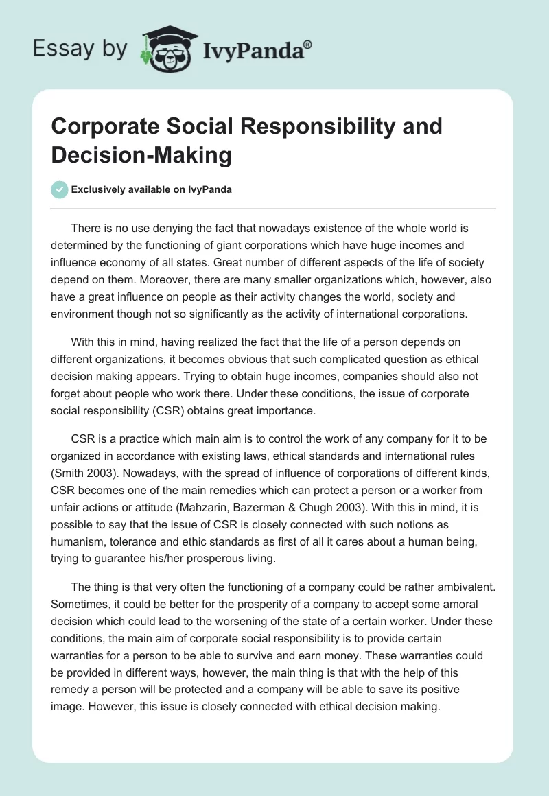 Corporate Social Responsibility and Decision-Making. Page 1