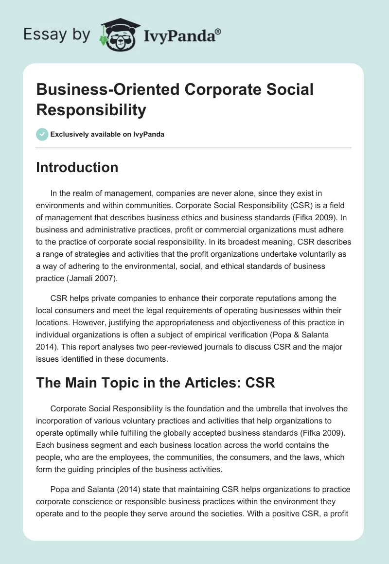 Business-Oriented Corporate Social Responsibility. Page 1