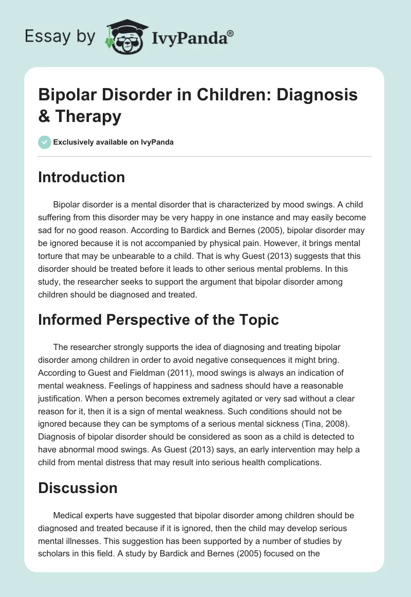 Bipolar Disorder in Children: Diagnosis & Therapy. Page 1