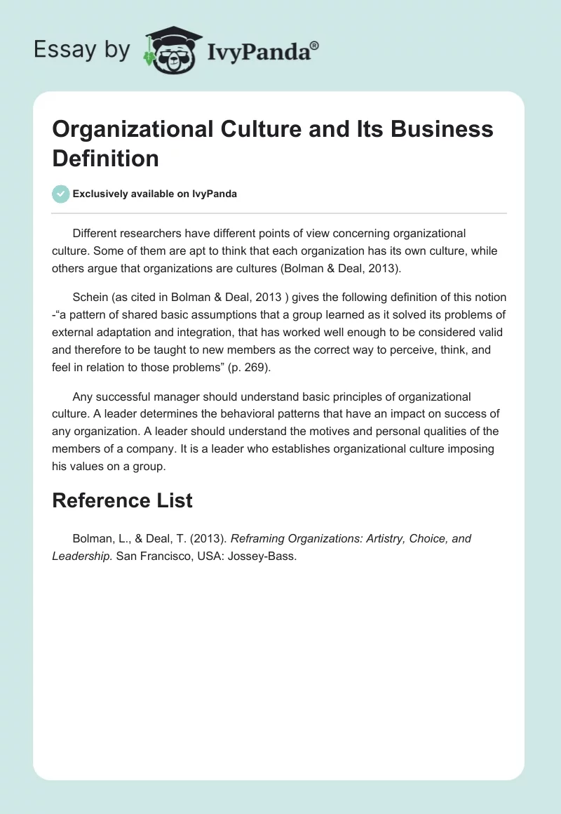 Organizational Culture and Its Business Definition. Page 1