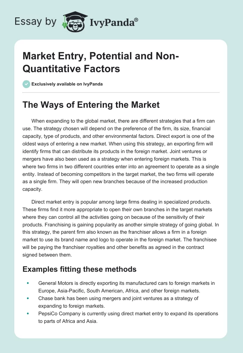 Market Entry, Potential and Non-Quantitative Factors. Page 1